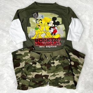 Disney & Garanimals Mickey Mouse Pluto T-Shirt Camo Cargo Pants Set Boy’s 24 Mth